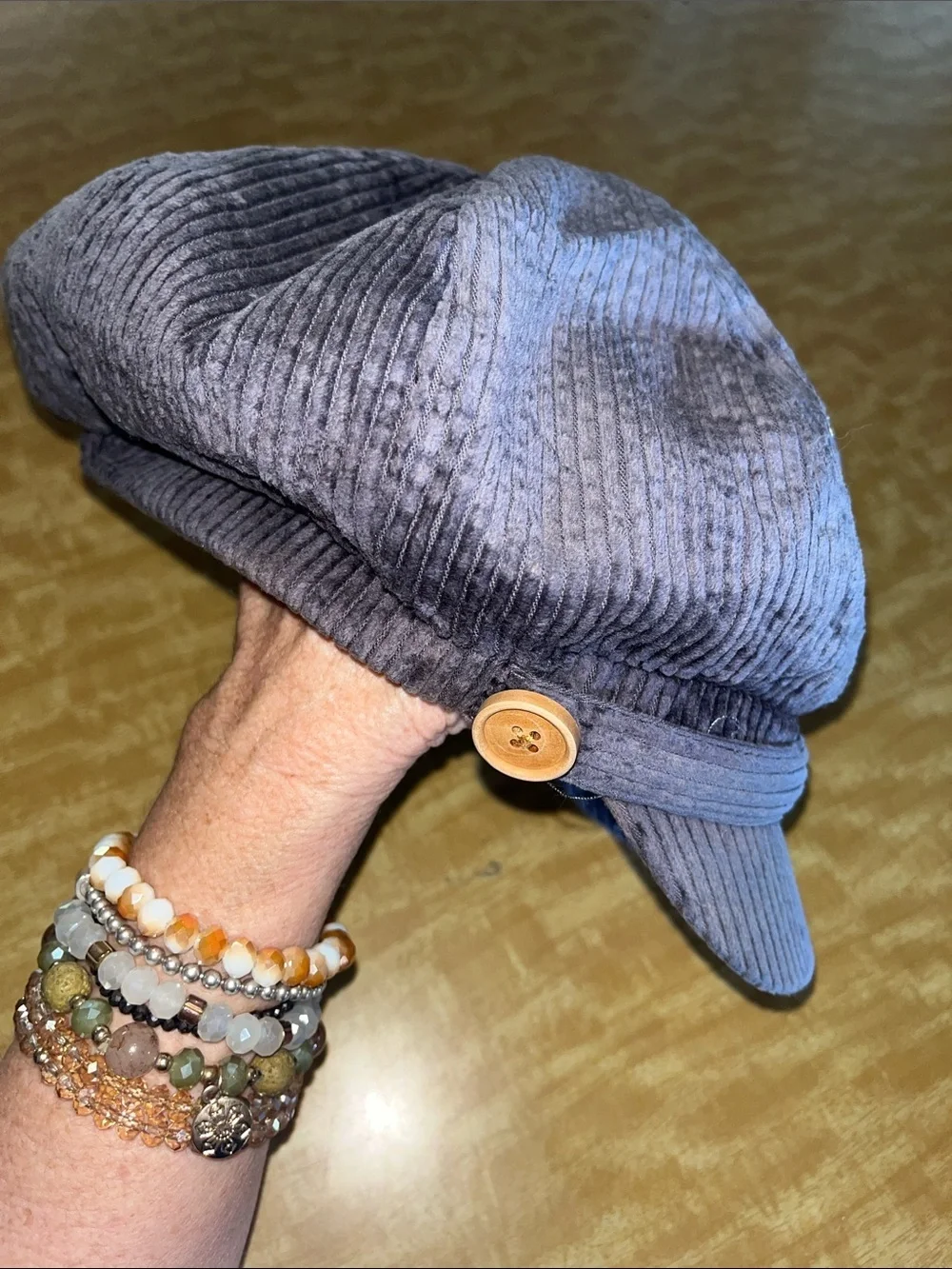 David and Young Gray Corduroy Newsboy Cap with Wooden Button